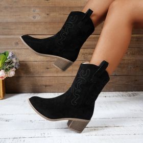 Pointed Toe Western Boots Fashion Retro Embroidered Chunky Square-heeled Mid-calf Boot For Women (Option: Black-41)
