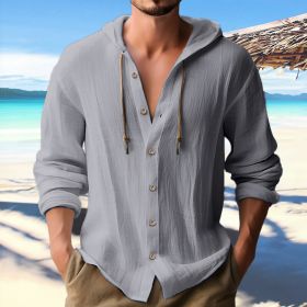 Cotton And Linen Shirt Hooded Sweater Button Long Sleeve (Option: Gray-L)