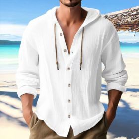 Cotton And Linen Shirt Hooded Sweater Button Long Sleeve (Option: White-XXL)