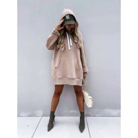 Women's Hooded Sweatshirt With Pockets Fashion Casual Split Mid-length Sweater Drawstring Tops (Option: Khaki-XL)