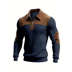 Notched-collar Patchwork Knit Top With Embroidered Zipper Hoodie (Option: Navy Blue-3XL)