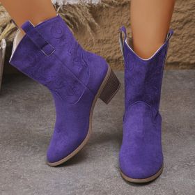 Pointed Toe Western Boots Fashion Retro Embroidered Chunky Square-heeled Mid-calf Boot For Women (Option: Purple-41)