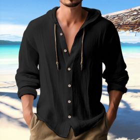 Cotton And Linen Shirt Hooded Sweater Button Long Sleeve (Option: Black-XXL)