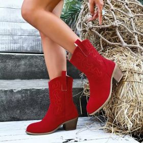 Pointed Toe Western Boots Fashion Retro Embroidered Chunky Square-heeled Mid-calf Boot For Women (Option: Red-41)