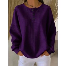 Ins Waffle Long-sleeved T-shirt Fashion Solid Color Buttons Round Neck Pullover Top Women's Clothing (Option: Purple-XL)