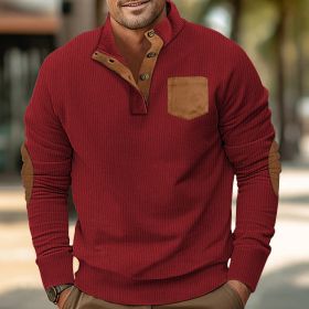 Patch Pocket Jacket Stand Collar Long Sleeve Corduroy Multicolor Hoodie (Option: Wine Red-L)