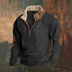 Retro Patchwork Half Cardigan Men's Long-sleeved Sweater (Option: Black-XL)