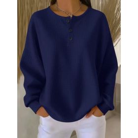 Ins Waffle Long-sleeved T-shirt Fashion Solid Color Buttons Round Neck Pullover Top Women's Clothing (Option: Dark Blue-3XL)